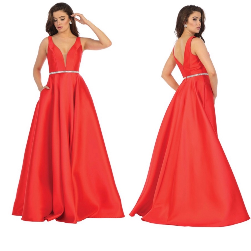 Red A Line Satin Prom Gown. Evening Gown.